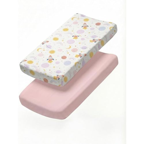 Changing Pad Cover - Pack of 2 Soft Unisex Diaper Change Microfiber Table Sheets - Fits 32"x16" Contoured Pad - Changing Pad Cover for Baby Boys & Girls - Snug, Machine Washable - Oeko-Tex, Space Girl