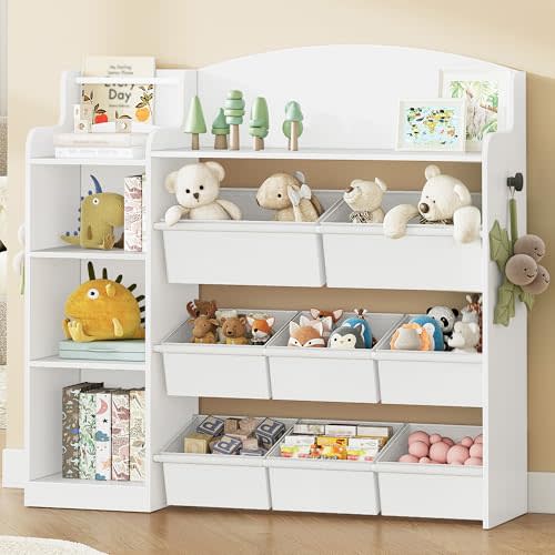 Hzuaneri Toy Storage Organizer, Toy Shelf with 8 Storage Bins, Playroom Storage, Kids Bookshelf, 4-Tier Toddler Bookshelf for Children's Room, Bedroom, Living Room, Study Room, Nursery White KB42003W