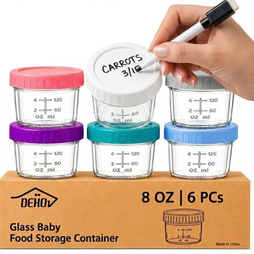 Dehov 6-Piece Glass Baby Food Containers with Lids,8 OZ Small Glass Freezer Safe Baby Food Storage Jars,Leak Proof Baby Food Grade Puree Containers