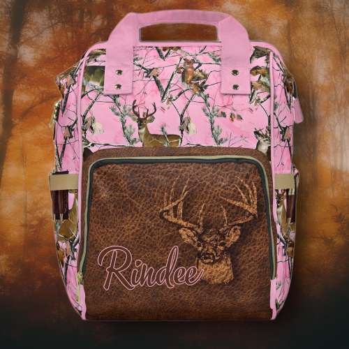 PERSONALIZED Deer Hunter Backpack or Diaper Bag Pink Camo Whitetail Deer, Leather & Ammo Digitally Printed On design Cute Hunting Baby Gift