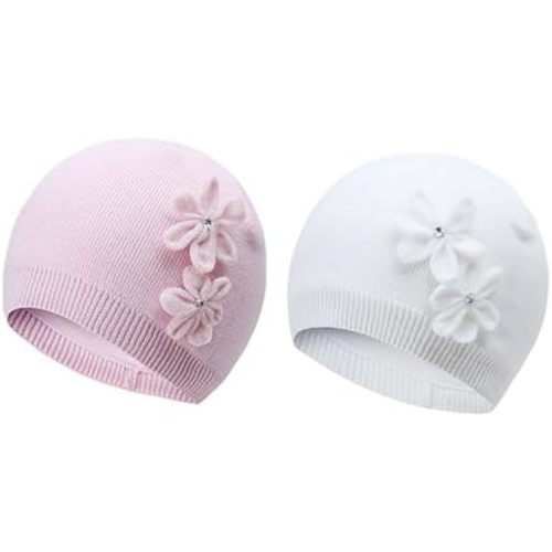 Vivobiniya Toddler and Baby Girl Winter Knit Flower Hats Infant Beanie Pink and White 0-6Y