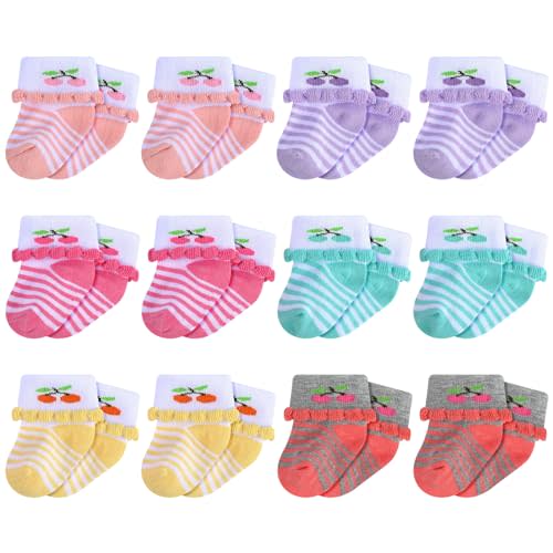 Toulite 12 Pairs Preemie Newborn Baby Ankle Socks Ruffle Turn Cuff Cotton Non-slip Warm Socks for Girls and Boys Infant
