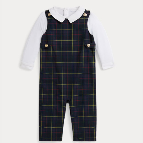 Cotton Bodysuit & Plaid Overall Set