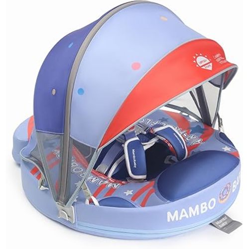 Mambobaby Baby Swim Float with Canopy Non-Inflatable Infant Pool Float with Tail 3-24 Months Avoid Flip Solid Skin-Friendly Material for Toddler Boys Girls