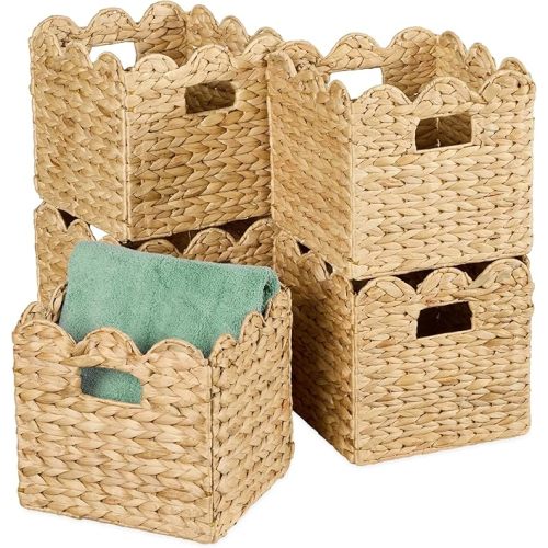 Best Choice Products 10.5x10.5in Scalloped Hyacinth Baskets, Set Of 5 Multipurpose Collapsible Storage Organizer, Handwoven Laundry Totes for Bedroom, Living Room, Shelves – Natural