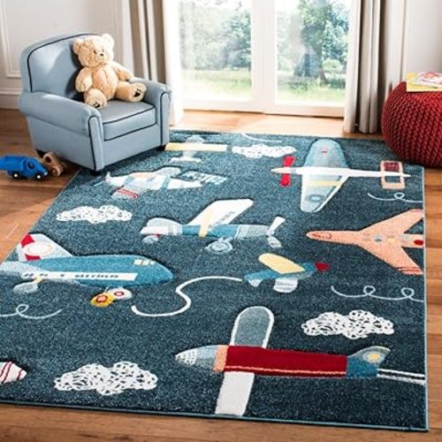 SAFAVIEH Carousel Kids Collection Accent Rug - 4' x 6', Navy & Ivory, Non-Shedding & Easy Care, Ideal for High Traffic Areas for Boys & Girls in Playroom, Nursery, Bedroom (CRK167N)