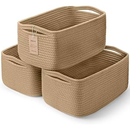 3-Pack Storage Baskets for Organizing | Woven Shelf Toy Basket | Rope Baskets for Gifts Empty | Closet Organizer Bins with Handles | Cube Decorative Box | 11.8×7.8×5.1” | Brown
