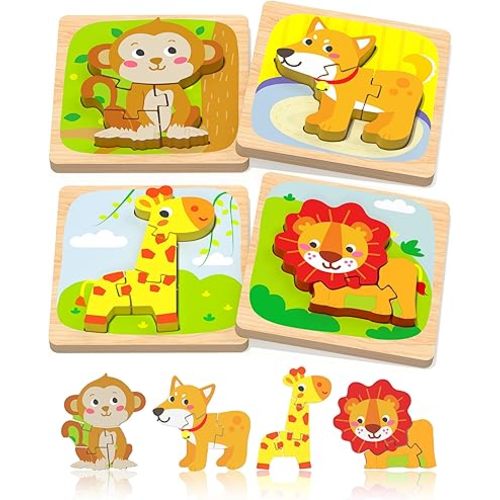 Benresive Wooden Toddler Puzzles, 4pcs Animal Montessori Toys for 1-3 Year Old Boys & Girls, Learning Educational Preschool Toys, Great Gifts for 1 2 3 Year Olds