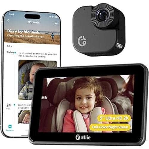 Ellie Baby Car Monitor, 2K UHD Backseat Monitor with Color Night Vision, Face Tracking, Dual Display for 2 Kids, Wide View Car Baby Camera, Smart Video Capture & App Control
