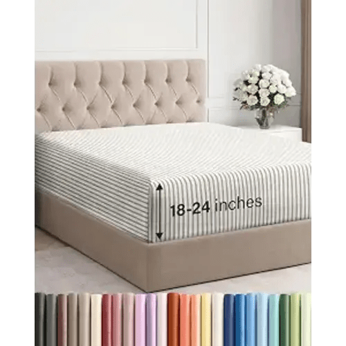 Extra Deep King Fitted Sheet - Single Fitted Sheet Only - Beige Stripes | Easily Fits 18 inch to 24 inch Mattress, Soft, Wrinkle Free, Breathable & Comfy, Extra Deep Pockets Hotel Luxury Fitted Sheet