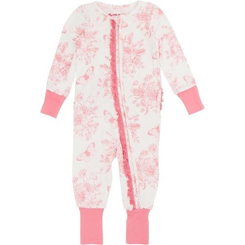 RuffleButts Pink Butterfly Garden Toile Ruffle One Piece Convertible Pajamas - 6-12m