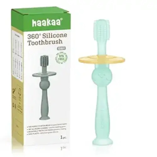 haakaa 360° Baby Toothbrush with Suction Base - Gentle Cleaning for Toddler's Self-Brushing Training, Food-Grade Silicone, Adjustable Safety Shield - Blue (1 Piece)