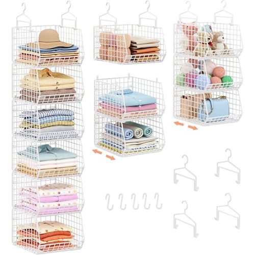 6 Tier Extended Depth Hanging Closet Organizer, Closet Storage Hanging Shelves with Hanging Hooks for Clothes Sweaters Towels Handbags, Stackable Metal Mesh Bins For Closet, Laundry, Bathroom, Dorm