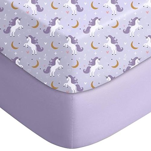 Yoofoss Baby Crib Sheets for Boys Girls, Fitted Crib Sheet 2 Pack for Standard Crib and Toddler Mattress, Super Soft Microfiber Baby Sheet 28x52x8in(Purple+Unicorn)