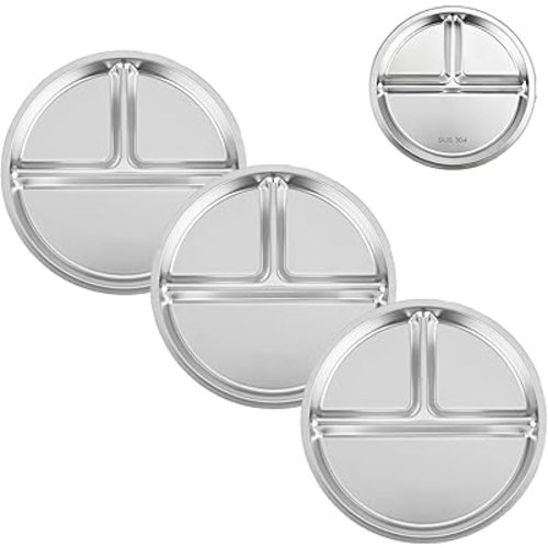 PandaEar 3 Pack Stainless Steel Divided Plates for Kids, 8.1” Portion Control Plates with 3 Compartments, Reusable Metal Dishes for Balanced Meals, Camping & Home Use