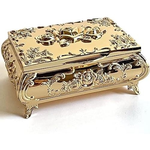 Rectangular Vintage Jewelry Chest,Relief Rose Metal Jewelry Box,Bracelet Necklace Earrings Ring Storage Case for Women (Golden, Small)