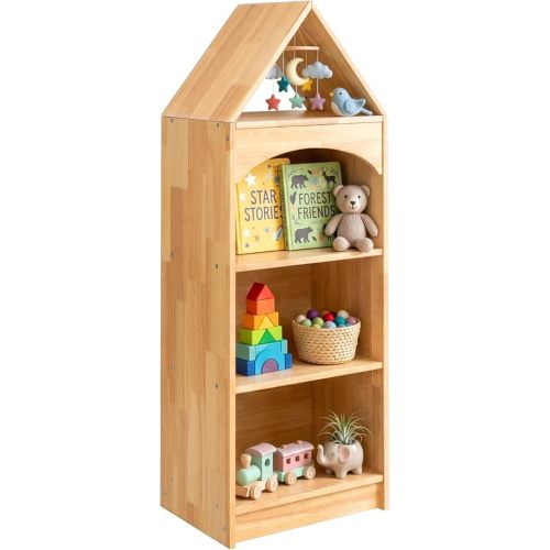 Rubberwood Montessori Shelf, 4-Tier Toy Organizers and Storage, Wood Corner Cabinet for Kids Room, Playroom, Nursery, Classroom, Kindergarten