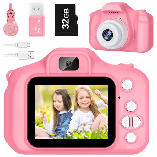 Rirool, Kids Digital Camera, 13MP Photo & FULL HD Video, Selfie Camera, 32GB SD Card, Pink
