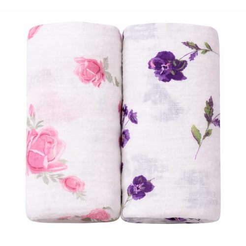 Muslin Baby Swaddle Blankets 2-Pack, Pink & Purple Flowers
