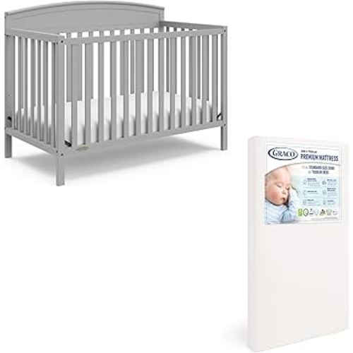 Graco Benton 5 in 1 Convertible Crib (GREENGUARD Gold Certified) with Premium Foam Crib and Toddler Mattress Included - Pebble Gray, Converts from Baby Crib to Toddler Bed, Daybed and Full-Size Bed
