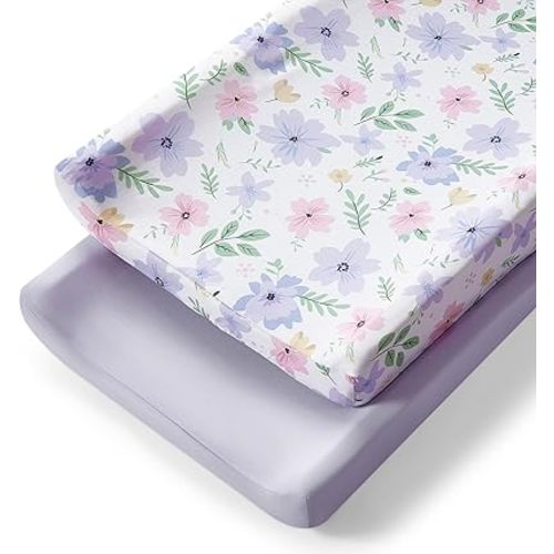 TILLYOU Changing Pad Cover Girl Set in Soft Jersey Material - Fits 32"/34''x16 Contoured Pad for Babies, Brilliant Little Flowers and Purple