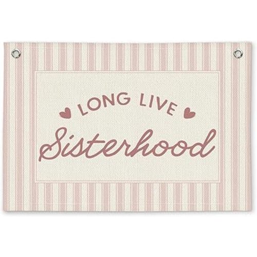 Long Live Sisterhood Preppy Pink Striped Girls Room Decor - Linen Banner Wall Hanging Canvas Banner Flag Decor for Toddler Girly Bedroom Playroom Nursery Dorm Apartment