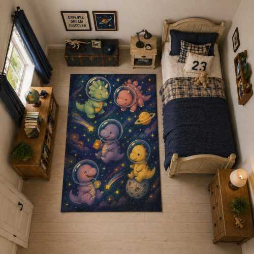Space Dinosaur Astronaut Area Rug – Galaxy Nursery, Kids Playroom Carpet