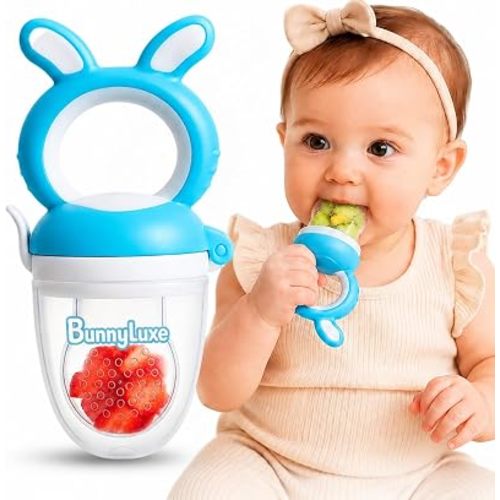 Silicone Baby Fruit Feeder for 4 to 10 Months Plus Baby Food Feeder Pacifier for Safe Self Feeding Teething Relief Fresh Food and Baby Led Weaning, Blue