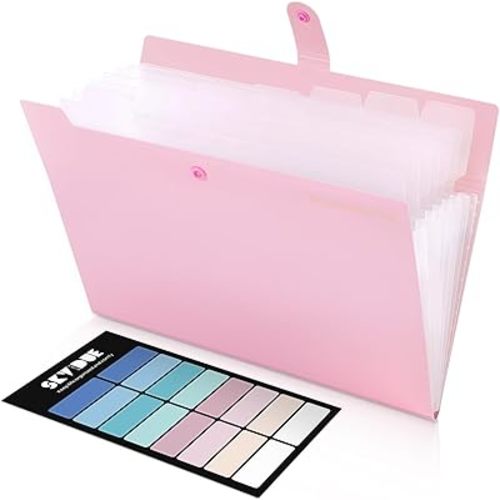 SKYDUE Accordion File Organizer, Expanding File Folder with 8 Pockets, Portable Document Paper Organizer, Letter/A4 Size Filing Folder，School Office Supplies Hospital Bag Essentials Pink