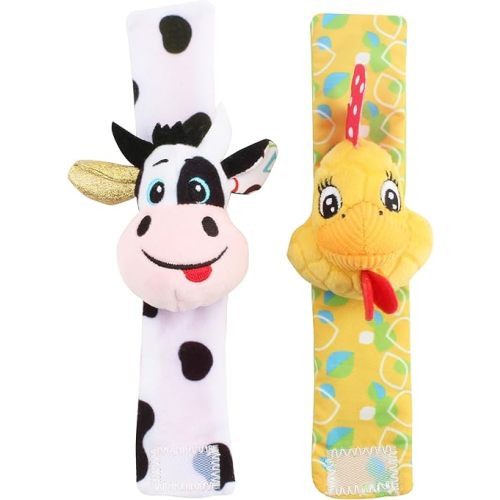 Balibazoo Farm Friends Wrist Rattle Set – Soft Plush Sensory Wristbands for Babies 0-12M | Cow & Chicken Baby Rattles | Velcro Strap Attachment | Developmental Toy for Newborns & Infants