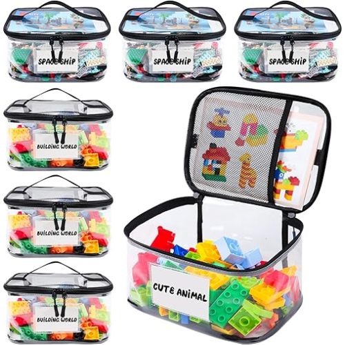6 Pack Clear Toy Storage Bag with Name Tag& Manual Pocket, Waterproof Transparent PVC Toy Organizer Case for Lego Bricks, Board Games, Building Blocks, Puzzles (Large Capacity, Black) | 6 Pack, Toy Organizer Case, Waterproof,