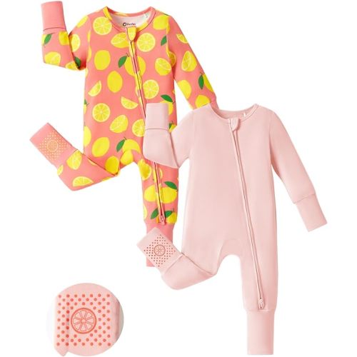 PATPAT Baby Footie Romper, Viscose from Bamboo, Long Sleeve, 2-Way Zipper, Fold-Over Mittens, Cuffs & Anti-Slip Grips