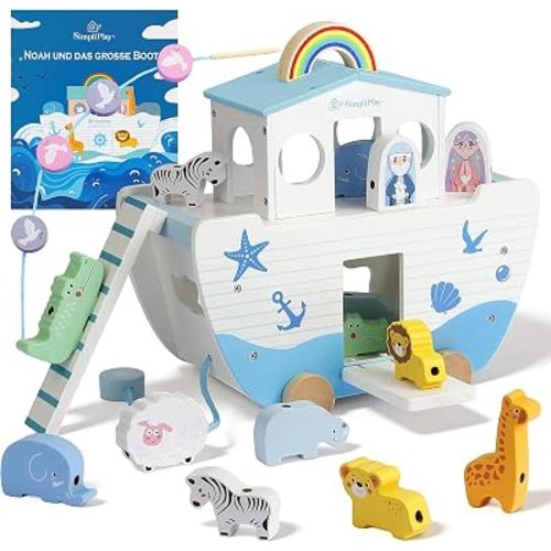 SIMPLIPLAY Wooden Noah's Ark Toy with Story Book & Animal Shape Sorter