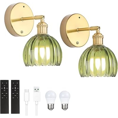 Shenmoyl Battery Operated Vintage Wall Sconces with Green Tulip Glass Lampshade Battery Powered Wall Lighting for Bedside Bedroom Doorway, Set of 2