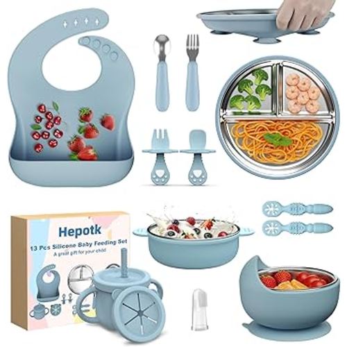 13 Pack Silicone Baby Feeding Set, BPA-Free Stainless Steel Toddler Feeding Supplies, Include Suction Plates, Baby Bowls, Silicone Fork & Spoon, and More, First Stage Baby Dish Set - 6+ Months