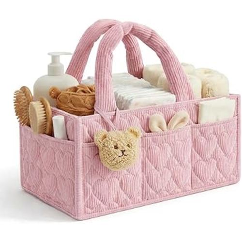 Diaper Caddy Organizer, Stylish Nursery Storage Basket, Gift for Baby Shower, Newborn Essentials, Registry Search Must Haves, Pink Quilted Heart