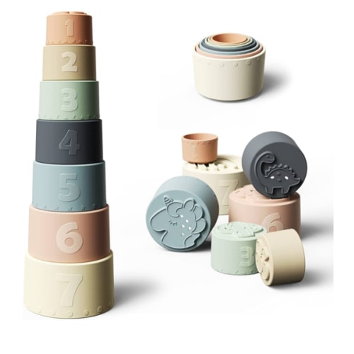 Moonkie Stacking Cups Toy, Fun Educational Baby Toys Silicone Soft Teething Toy, Age 6+ Months, 7 Piece Set