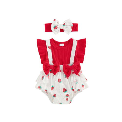 Loicainy Infant Baby Girl Fake-two Romper 3 6 9 12 18 Month Cherry Print Flying Sleeve Round Neck Romper and Bow Headband Clothes