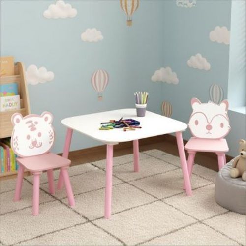 Kids Table and Chair Set, 3-Piece Wooden Toddler Desk with Animal Backrest, Activity Table for Drawing, Learning,Playroom or Nursery(Pink&White)