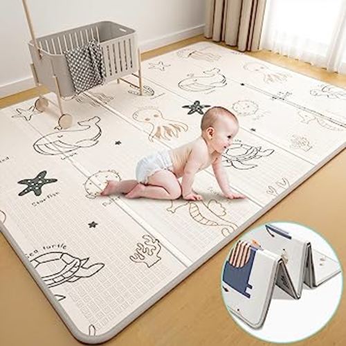 Foldable Baby Play Mat, Double-Sided Design, 79x59 inches, Waterproof, Non-Slip, Extra Thick 0.4 inch, Sea Animals and Elephant Patterns
