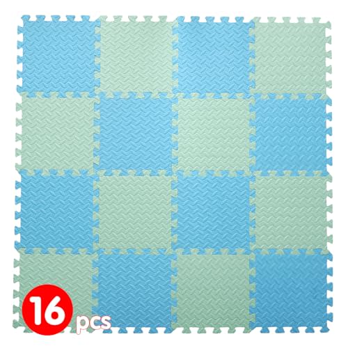 16 Tiles Foam Play Mat for Baby, Soft & Safe EVA Foam Mats for Floor, Square Baby Play Mat, Kids Foam Puzzle Floor Mat, 47x47 Play Mat for Playpen(Bean Green/Light Blue)
