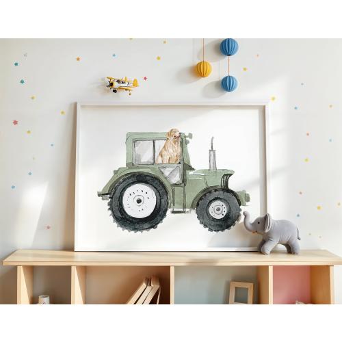 Fun Tractor Dog Nursery Print, Digital Download Kids Room Decor, Farm Theme Golden Retriever Artwork, Unique Gender Neutral Kids Room Decor