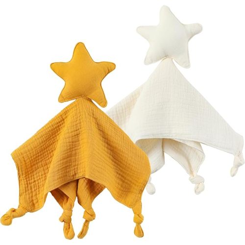 Organic Cotton Baby Lovey Security Blanket, 2-Pack Star Stuffed Animal Comforter Blankie for Newborn, Infant, Toddler 0-3 Years - Machine Washable