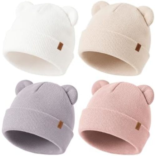 Konssy 4 Pack Baby Beanie with Bear Ear Warm Winter Hat for Newborn Infant