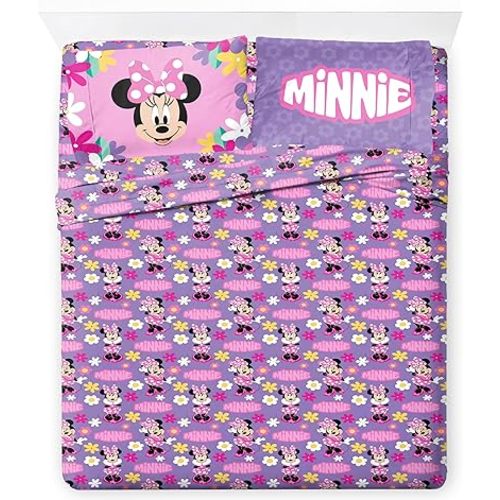 Jay Franco Kids Sheet Set with Fitted, Flat Sheets & Pillow Cover - Ultra-Soft Bedding with Pillowcase for Room Decor, Purple - Minnie Mouse, 4 Piece Queen