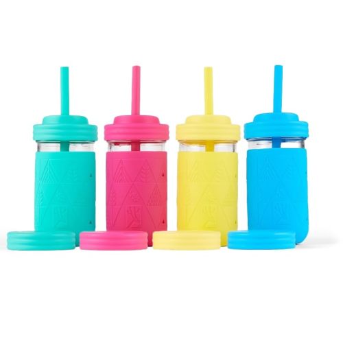 Elk and Friends Kids + Toddler Glass Cups | The Original 12oz Glass Mason Jar with Sleeves + Lids | Silicone Straws + Stopper | Smoothie Cup | Food Storage | Spill Resistant | Dishwasher Safe | 4 Pack