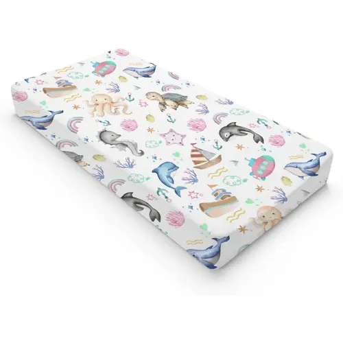 Colorful Sea Animals Baby Changing Pad Covers for Boys & Girls 32''x16'' Ocean Whale Dolphin Turtle Sea Horse Corals Unisex Fitted Changing Pad Sheets Nautical Life Soft Diaper Change Table Mats