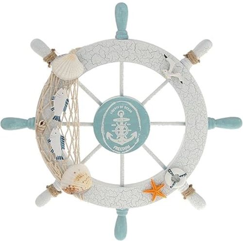 Nautical Beach Wooden Boat Ship Steering Wheel Fishing Net Shell Fish Home Wall Décor(11" Diameter)