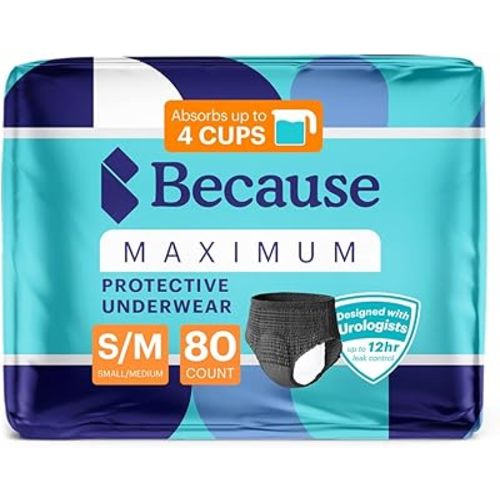 Because Premium Maximum Absorbency Adult Incontinence and Postpartum Bladder Leak Underwear for Women, Heavy Absorbency, Disposable, Black, Large, 80 Count (4 Packs of 20)