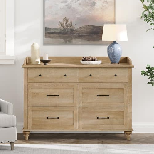 WAMPAT Dresser for Bedroom with 6 Drawers, Kids Dressers with Wide Chest of Drawers, Mid Century Modern Wooden Closet Storage Organizer for Living Room, Nursery, Hallway, Rustic Oak